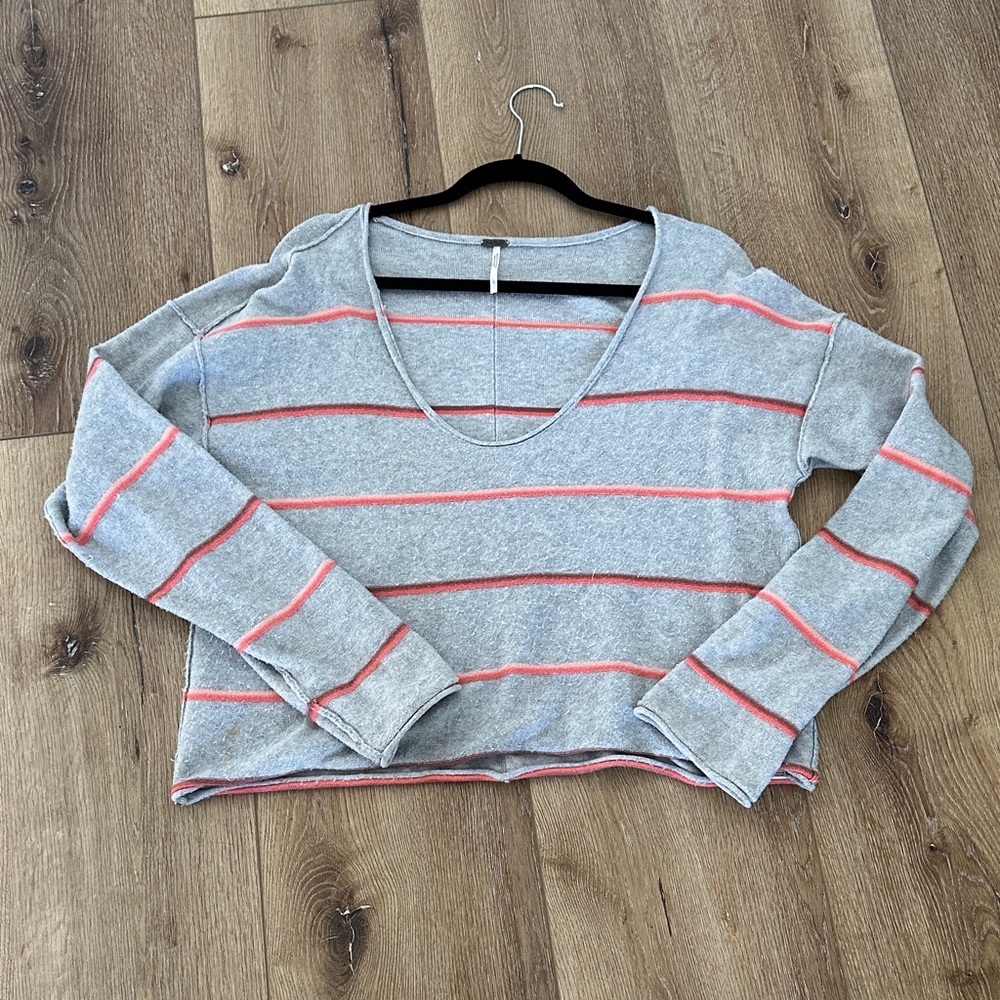 Free People Heather Gray and Coral Striped Hoodie